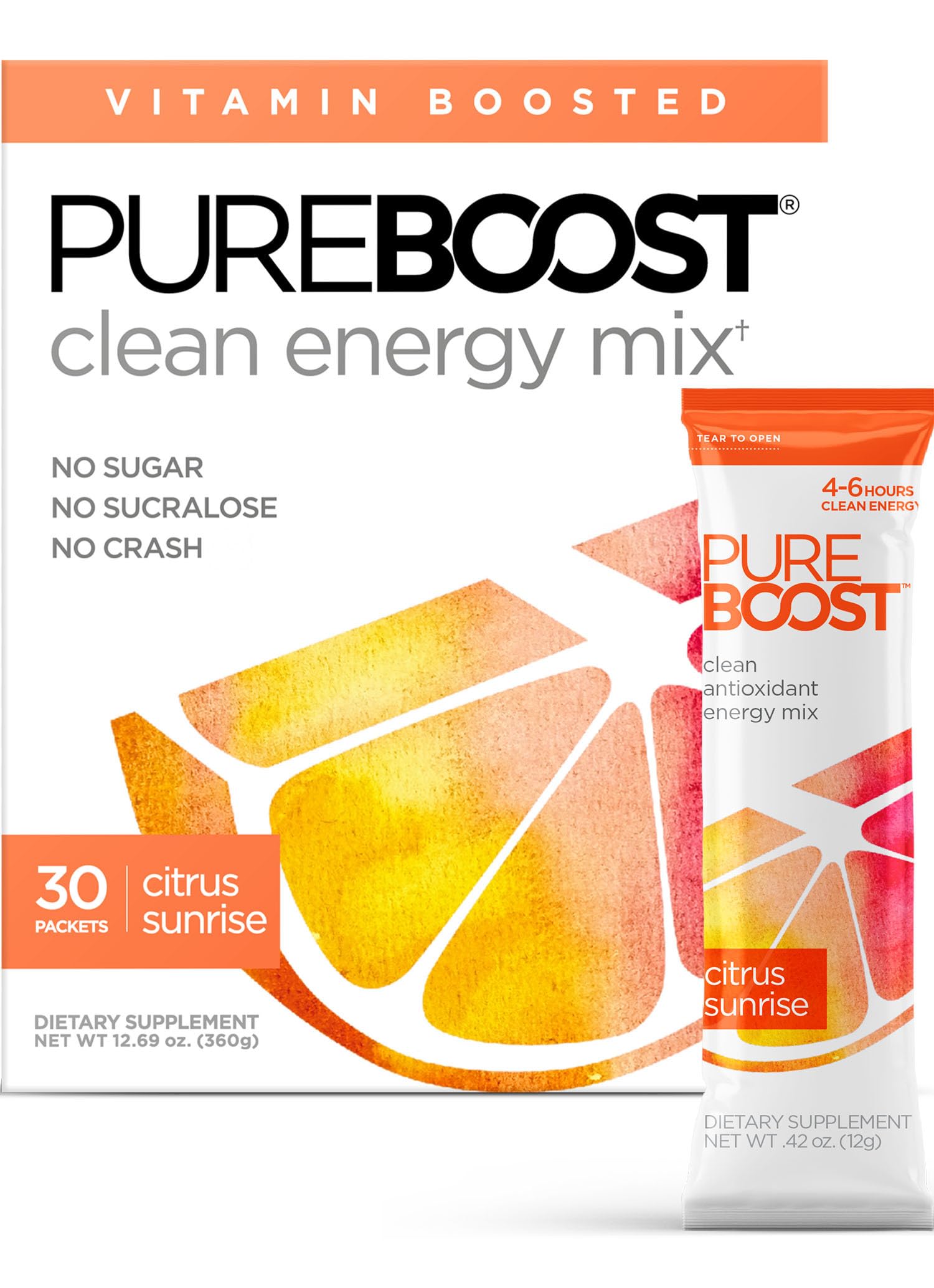Pureboost Citrus Sunrise packet beside a glass ready to mix for a refreshing energy boost