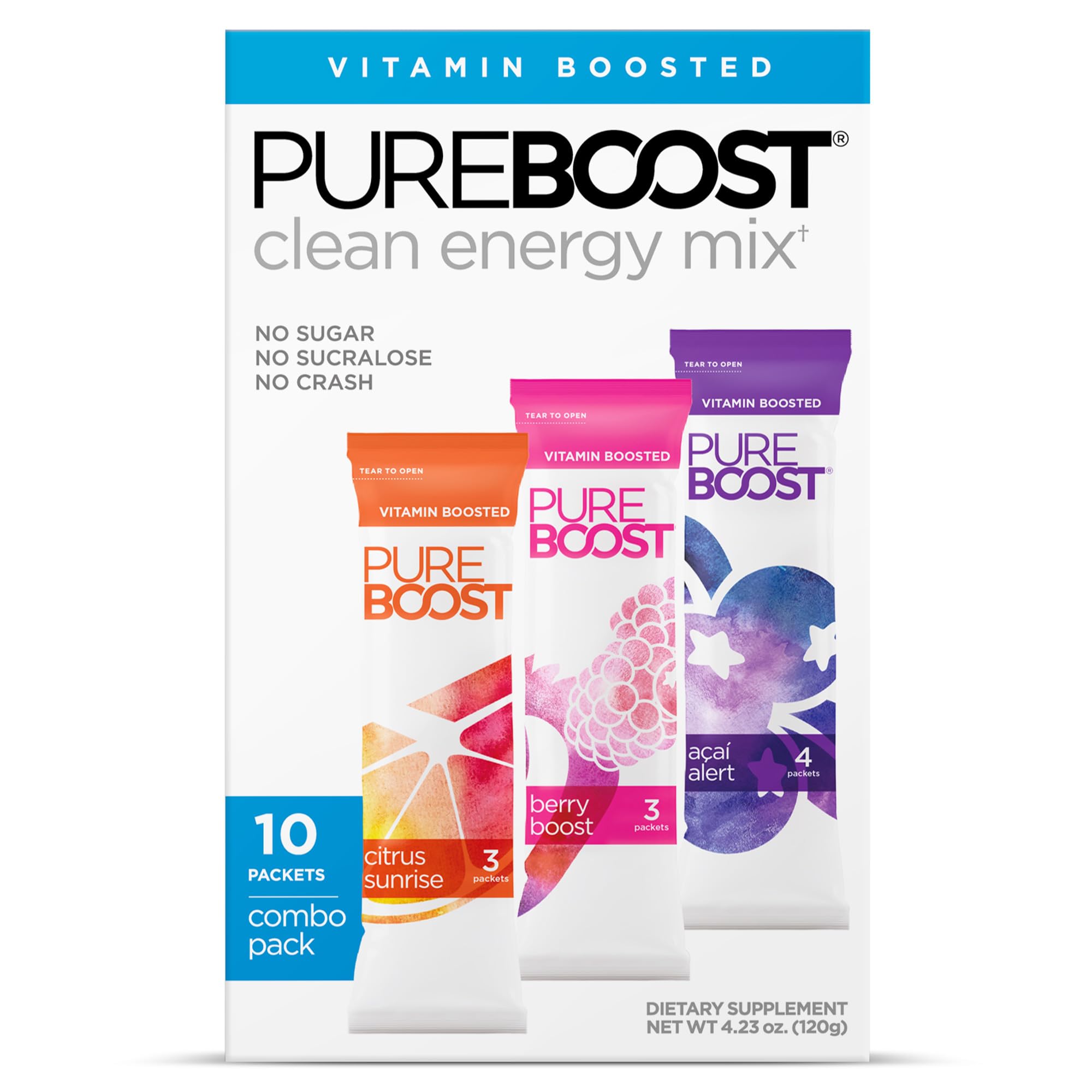 Pureboost clean energy booster pack ready for on-the-go use and easy dosing.