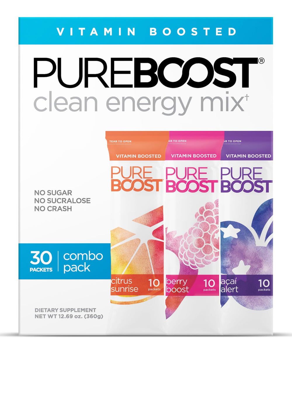 Pureboost Clean Energy bottle pour showing a refreshing sugar-free energy boost