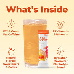 Pureboost electrolyte hydration formula shown in a prepared drink for workouts.