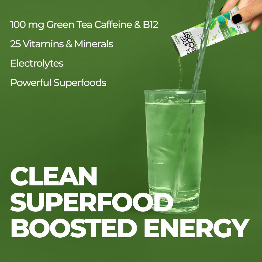 Pureboost Green Mojo superfoods bottle highlighting spirulina and kale infusion