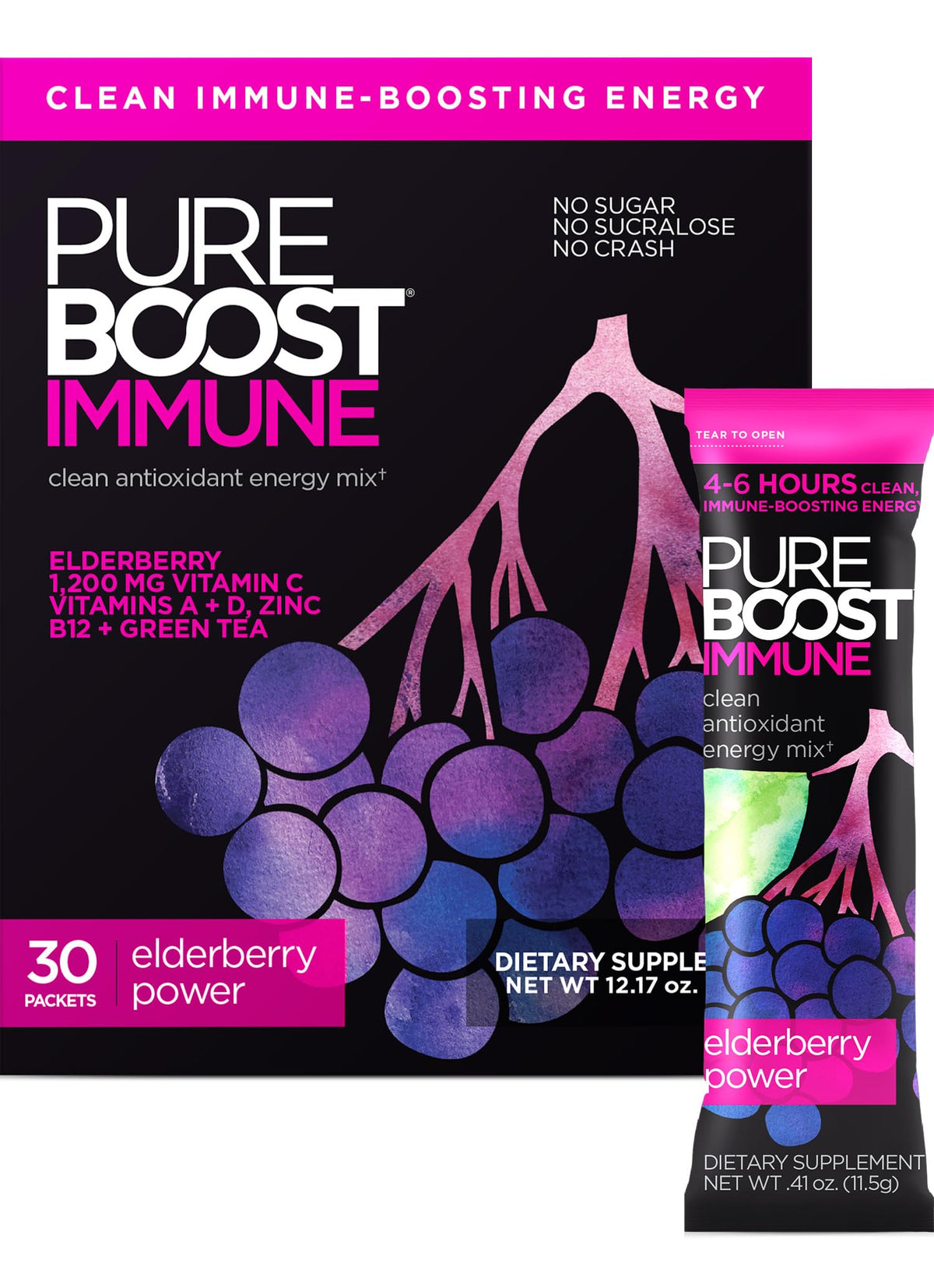 Pureboost Immune Clean Energy bottle on countertop showing refreshing boost