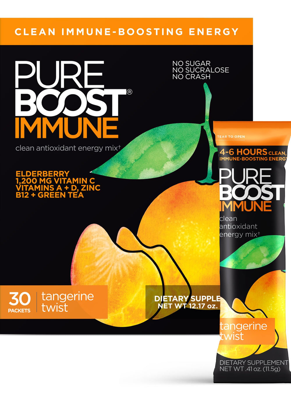 Pureboost Immune Tangerine front-pack packaging for quick energy and immune support.