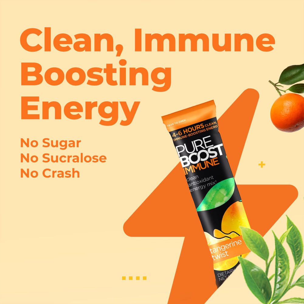 Pureboost Immune Tangerine glass-boost features prepared drink for refreshing energy.