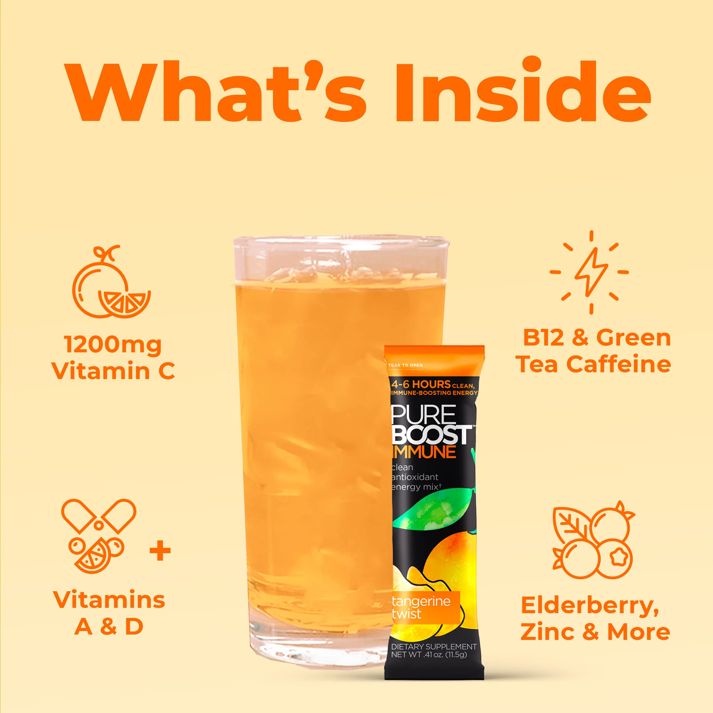 Pureboost Immune Tangerine ingredients-elderberry highlight natural immune-supporting components.