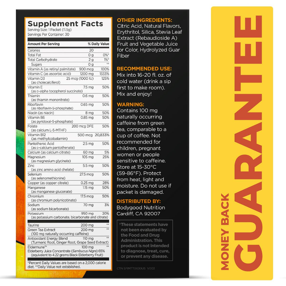 Pureboost Immune Tangerine packet-pour shows easy-dissolve powder for on-the-go hydration.