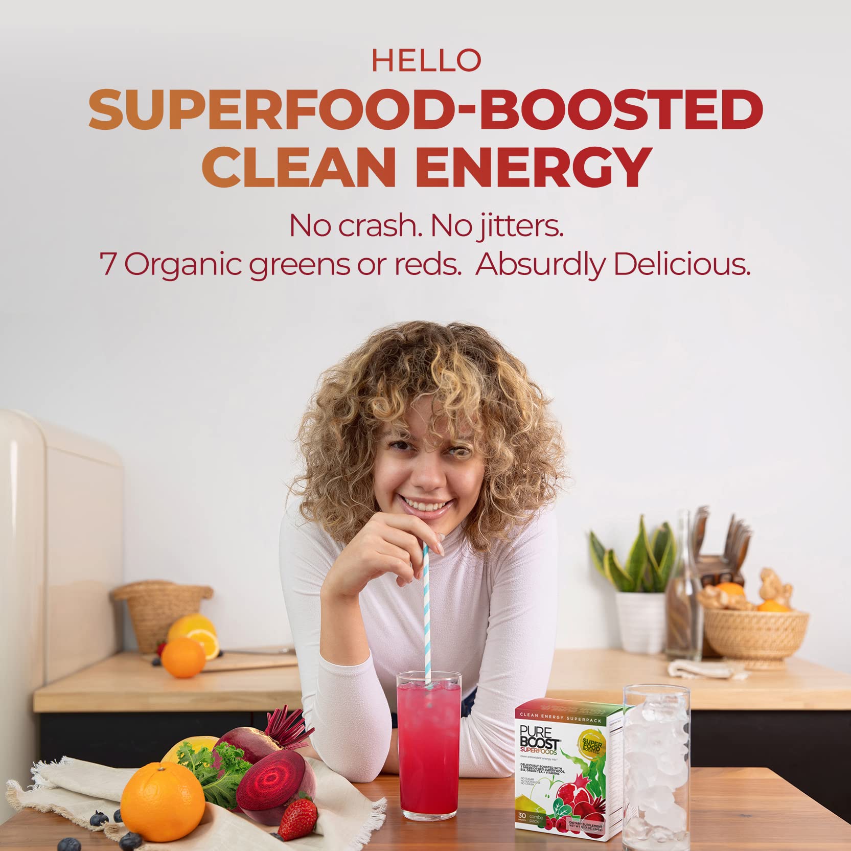 Pureboost Organic Greens powder scoop highlighting spirulina, kale, broccoli nutrients.
