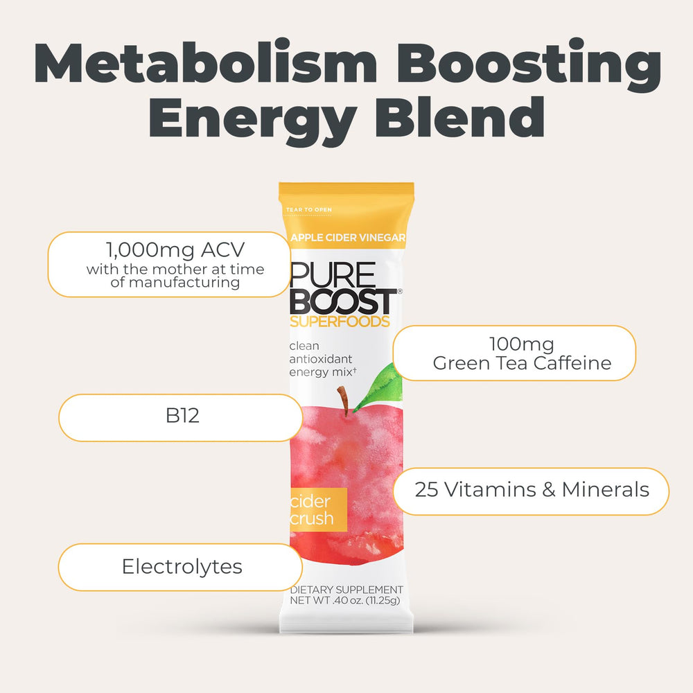 Pureboost packet dissolving in water for a refreshing apple drink.