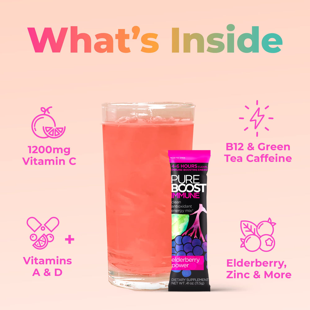 A scoop of Pureboost powder beside a glass for quick, sugar-free energy.