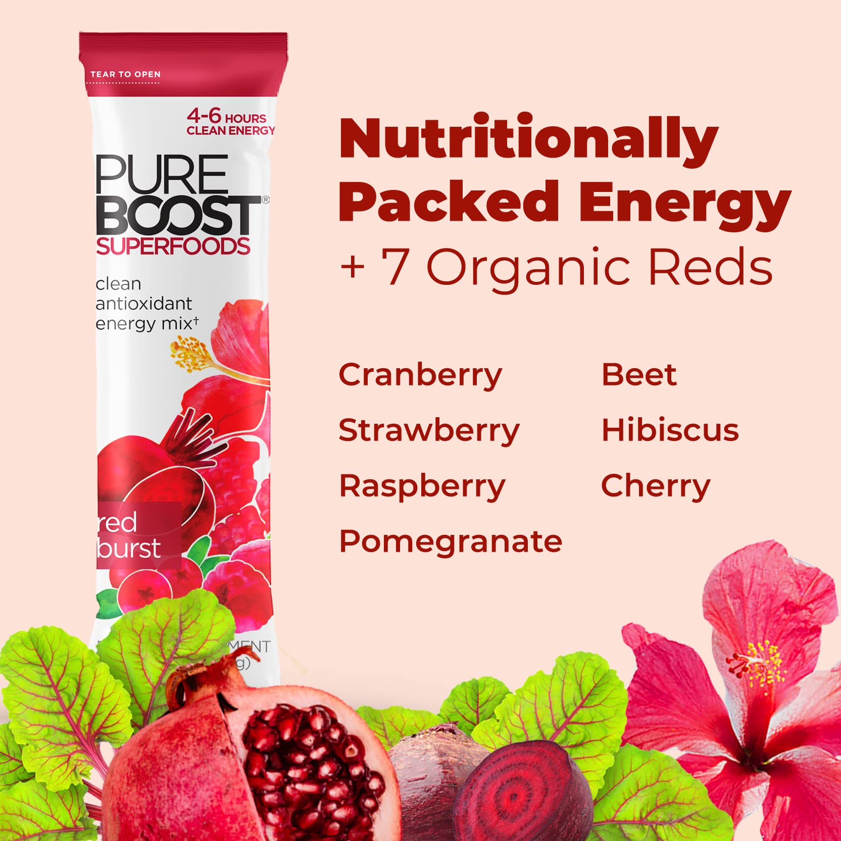 Stack of Pureboost Red Burst 30 packets for on-the-go use