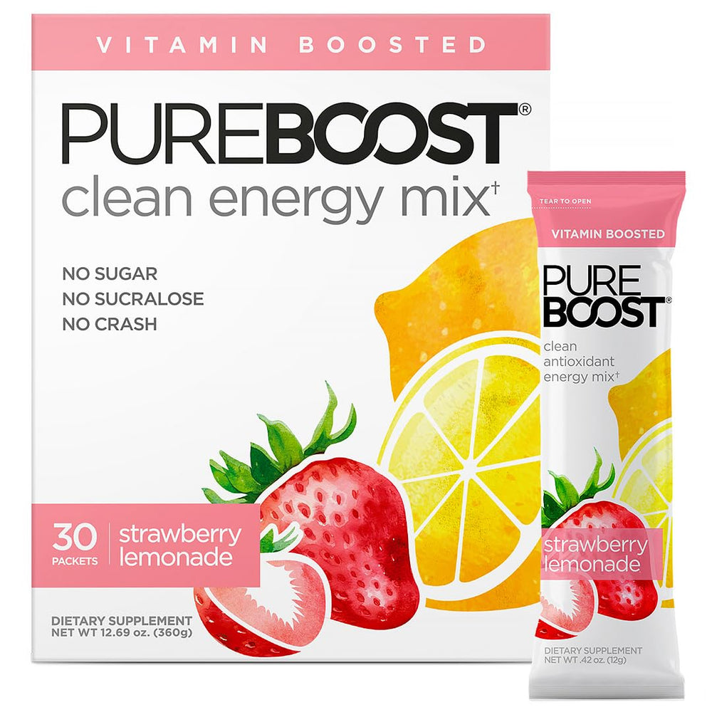 Pureboost Strawberry Lemonade packet dissolving in water for a clean energy boost.
