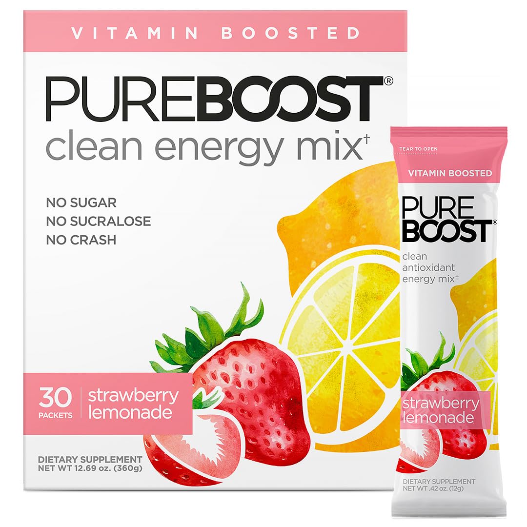 Pureboost Strawberry Lemonade packet dissolving in water for a clean energy boost.