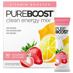 Pureboost Strawberry Lemonade packet dissolving in water for a clean energy boost.