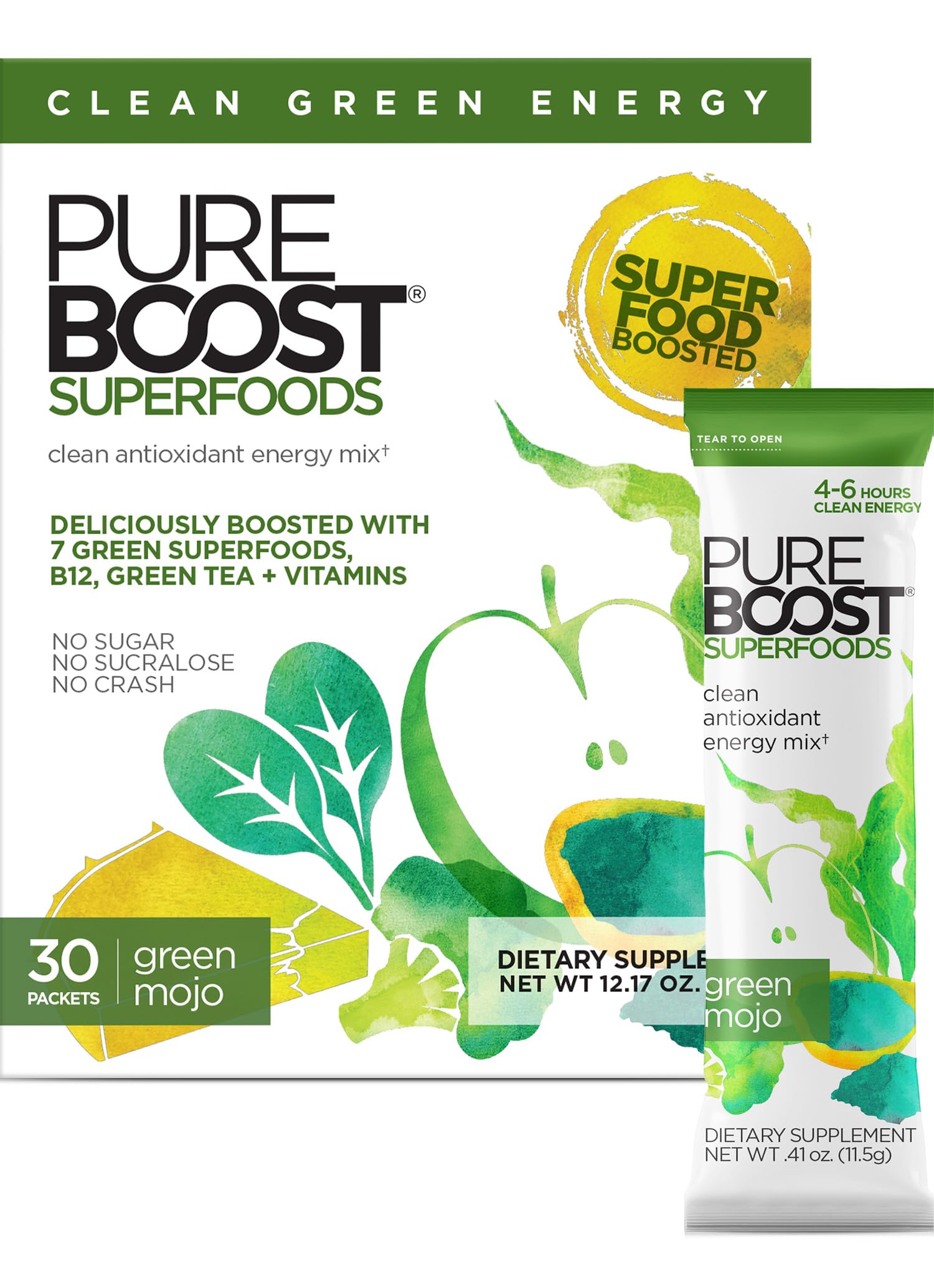 Pureboost Superfoods Clean Energy Booster packet poured into water for a crisp green energy boost.