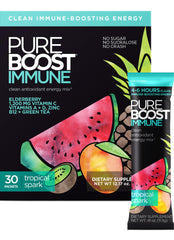 Pureboost Tropical Spark packet front, ready to mix for a refreshing energy boost.