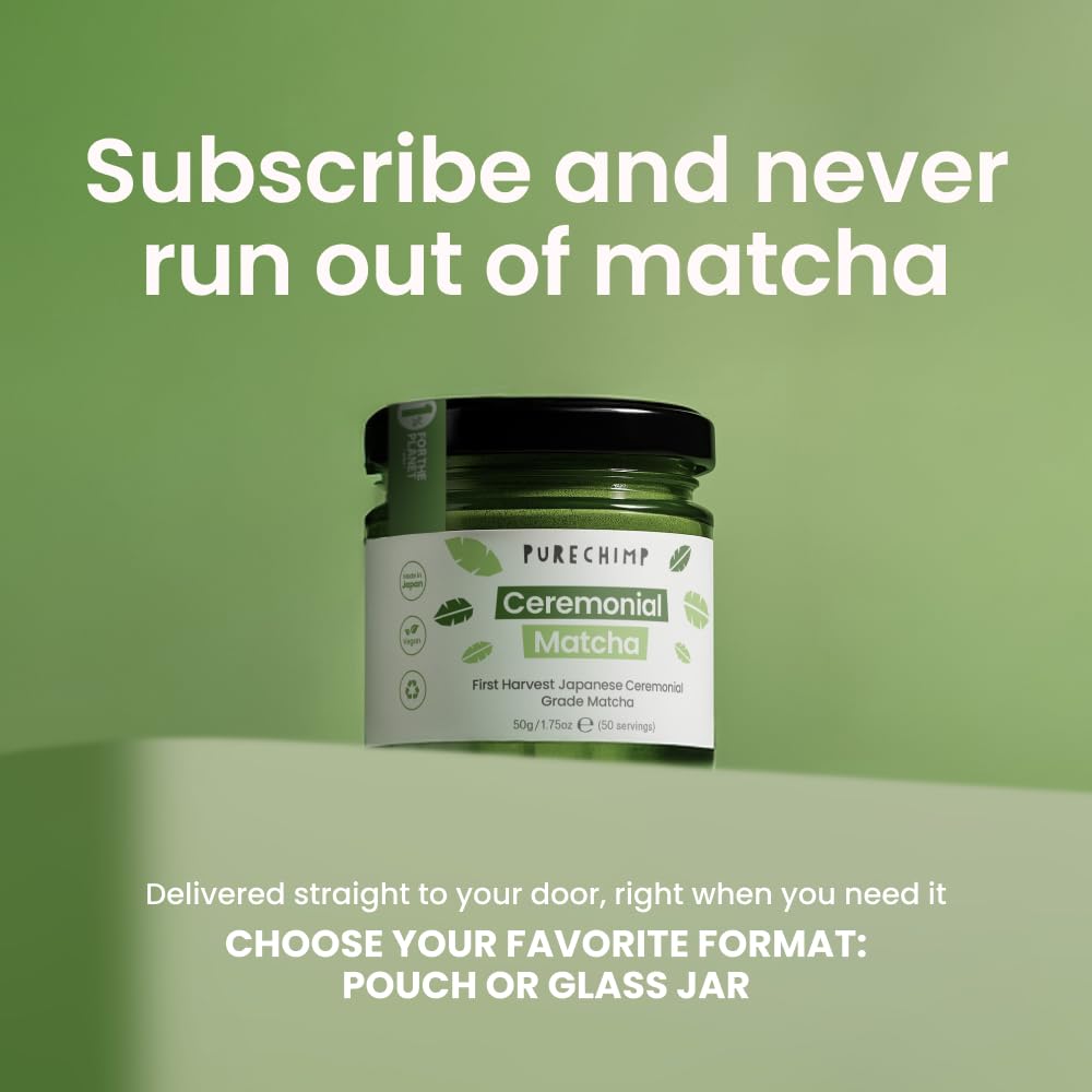 PureChimp matcha latte cup highlighting creamy, foamy texture