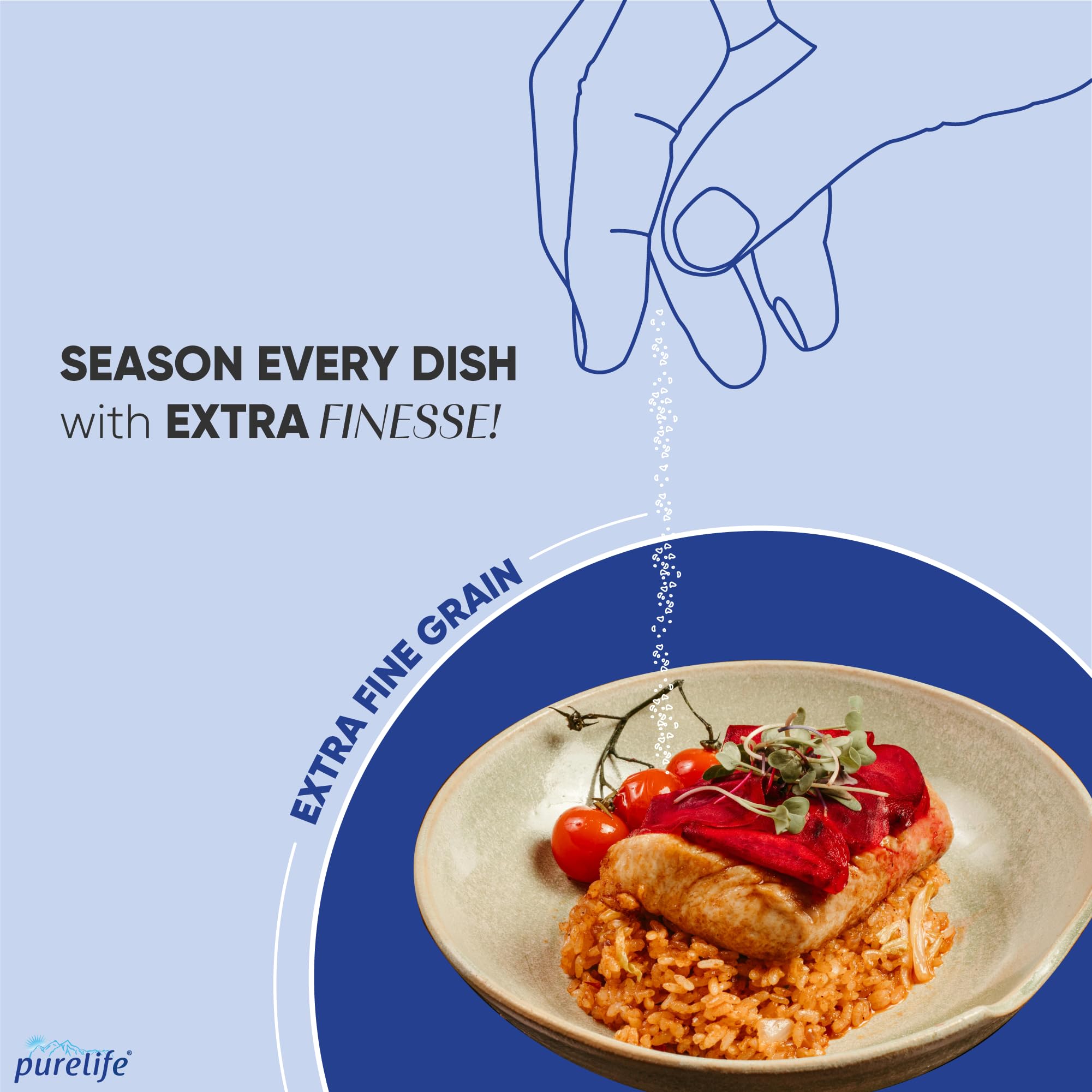 Purelife Himalayan Salt Fine gourmet flavor enhancing vegetables and meats in a home cooking scene.