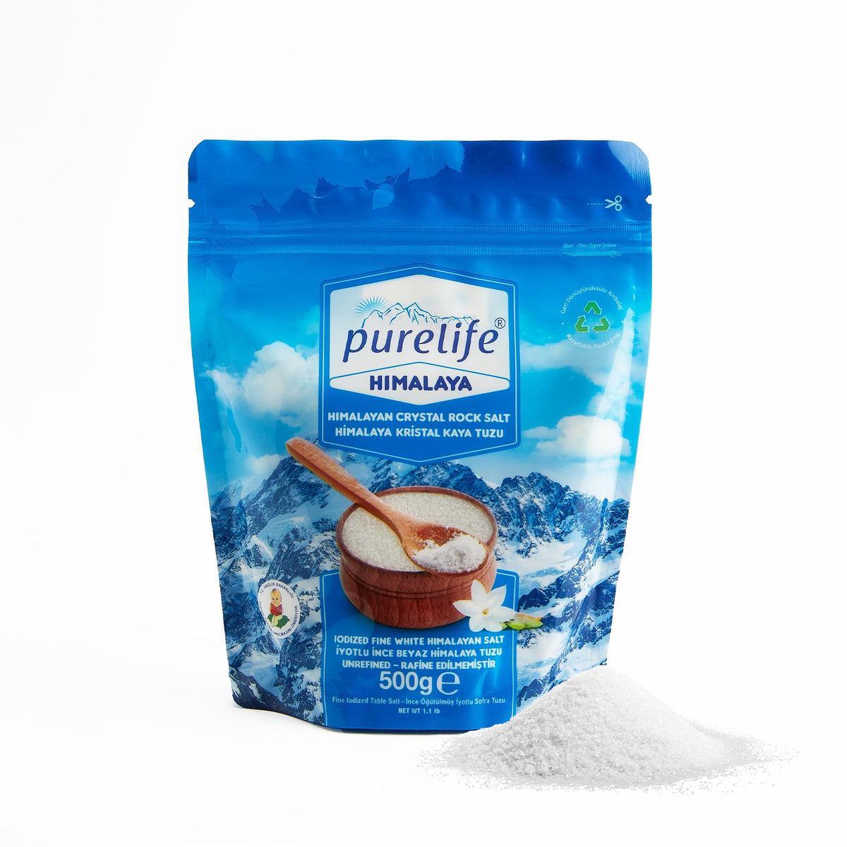 Purelife Himalayan Salt Fine packaging closeup highlighting kosher certification and convenient daily seasoning.