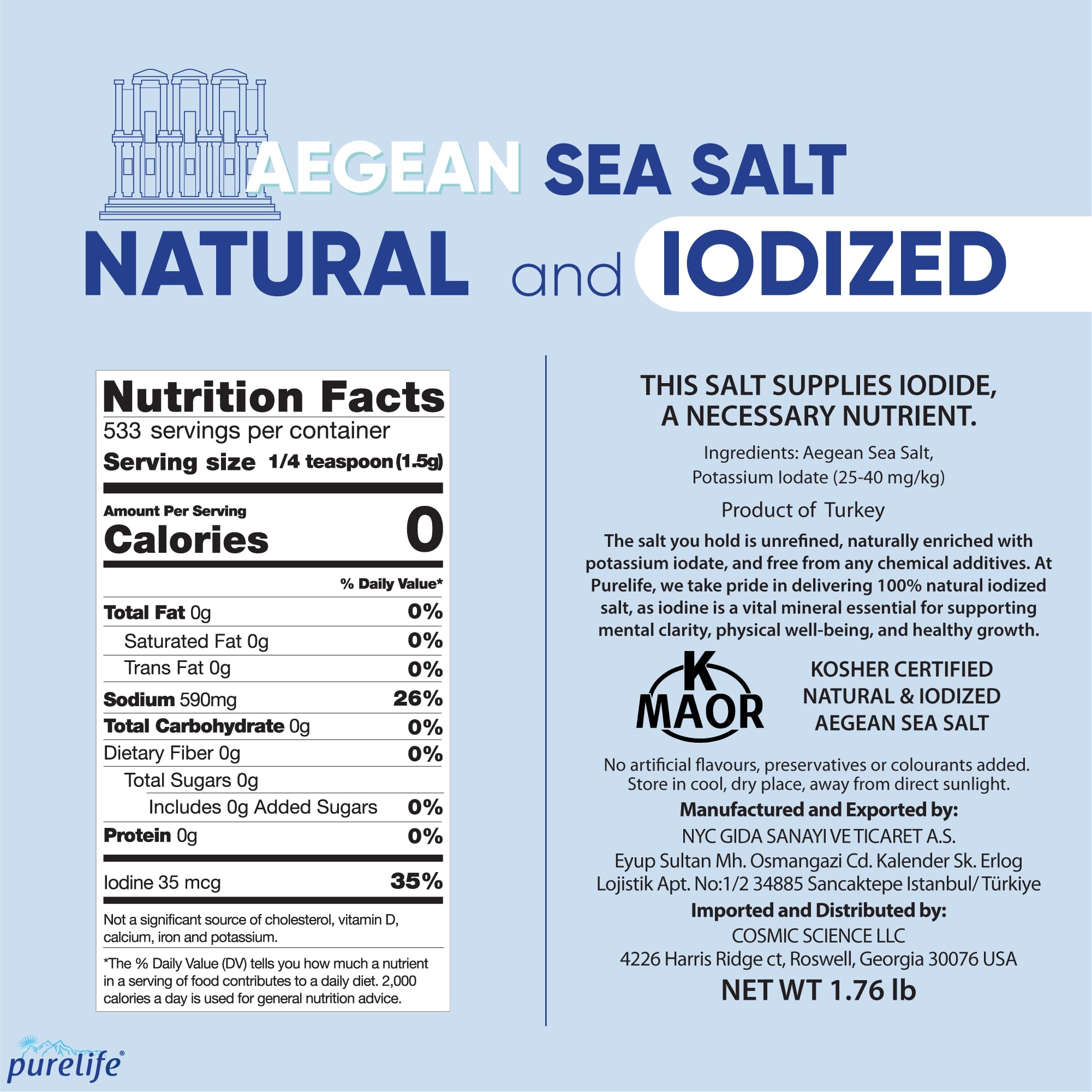Purelife iodized sea salt in resealable bag for fresh, convenient seasoning.