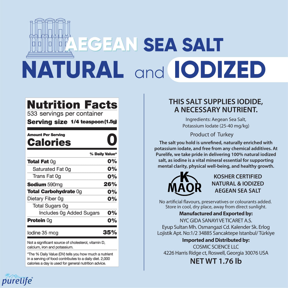 Purelife iodized sea salt in resealable bag for fresh, convenient seasoning.