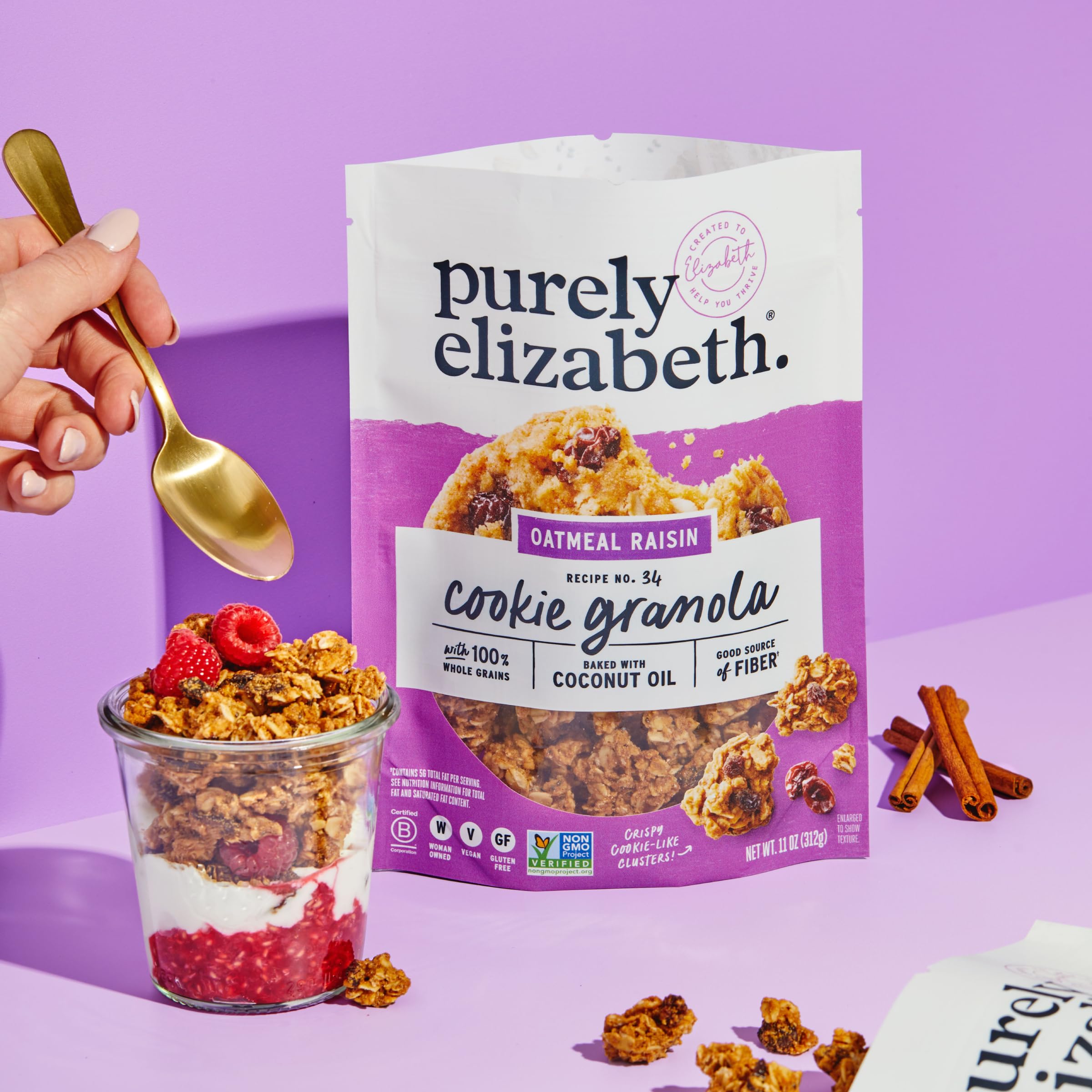 Purely Elizabeth almond butter swirl adds creamy flavor to granola.