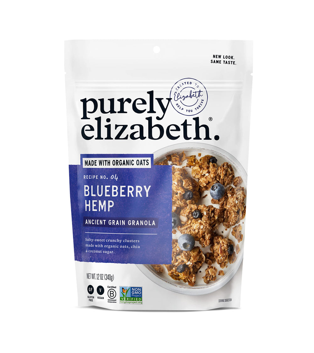 Purely Elizabeth Ancient Grain Granola Blueberry Hemp bag for gluten-free breakfast