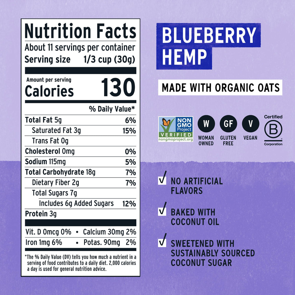 Purely Elizabeth Ancient Grain Granola Blueberry Hemp bowl ready for on-the-go snack