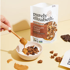 Purely Elizabeth Ancient Grain Granola closeup highlights oats and chia seeds