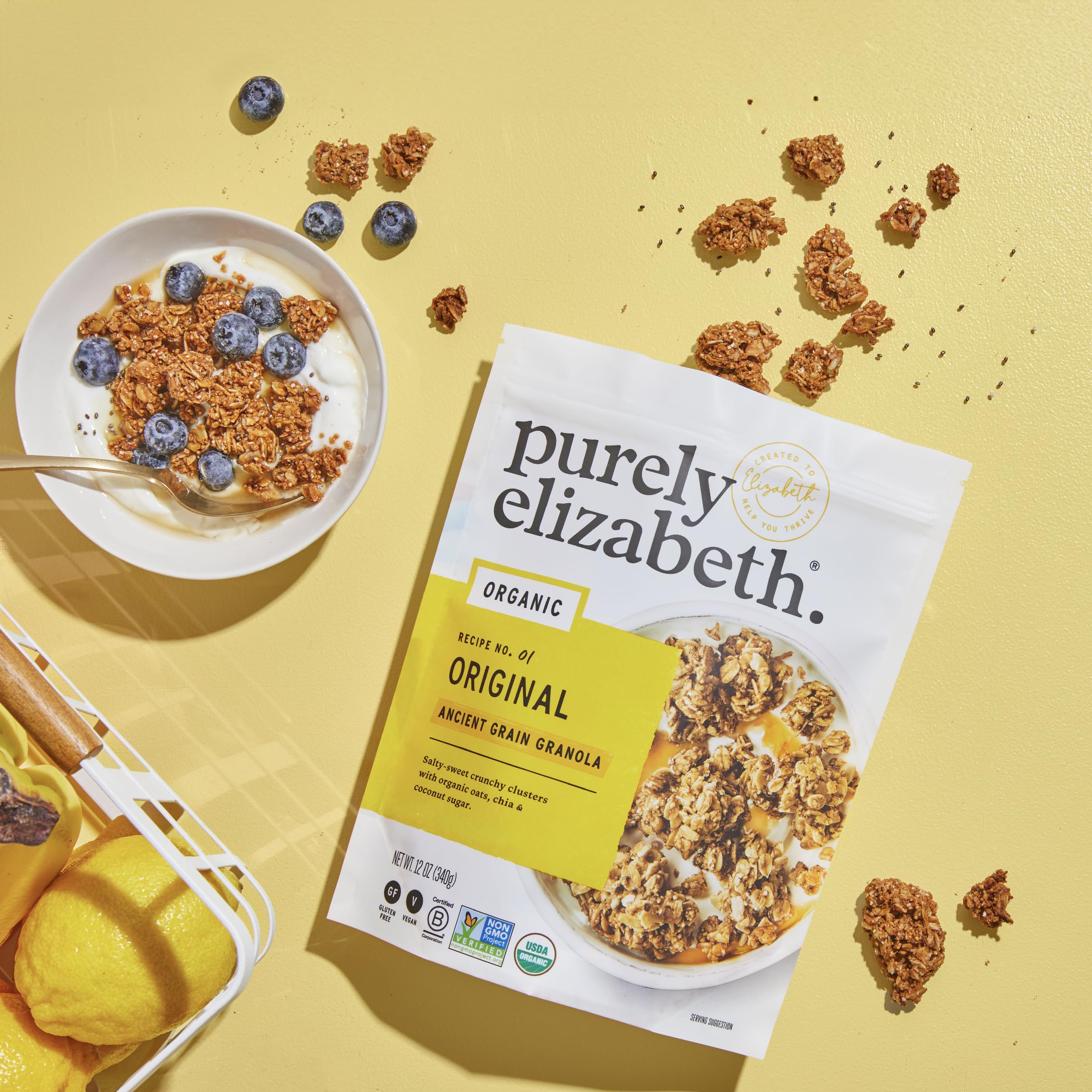 Purely Elizabeth ancient grain granola original bag, versatile with milk or yogurt