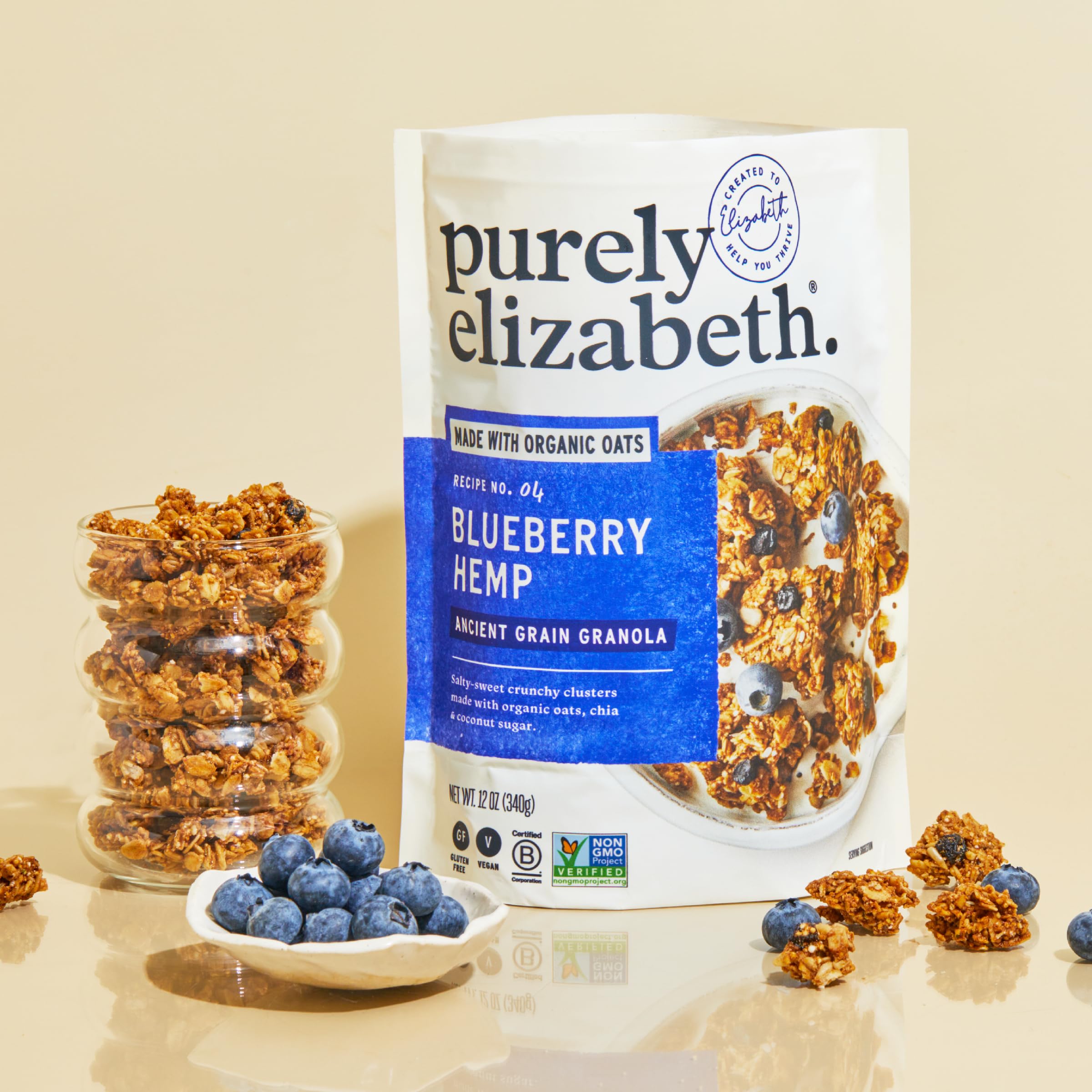 Purely Elizabeth packaging for Ancient Grain Granola Blueberry Hemp—gluten-free certified