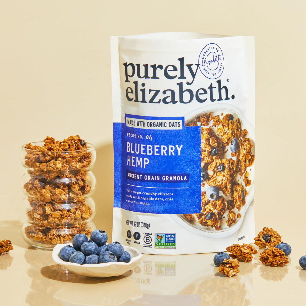 Purely Elizabeth packaging for Ancient Grain Granola Blueberry Hemp—gluten-free certified