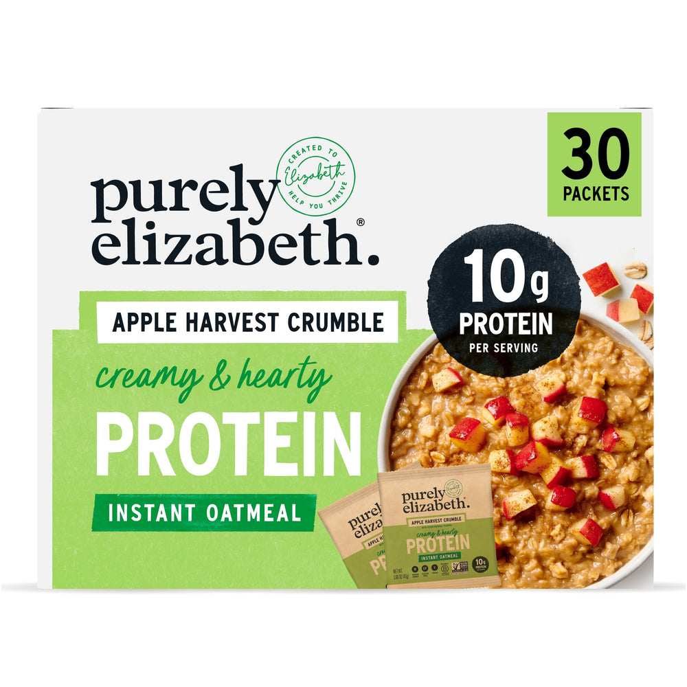 Purely Elizabeth Apple Harvest Crumble packaging highlights gluten-free, non-GMO oats for clean eating.