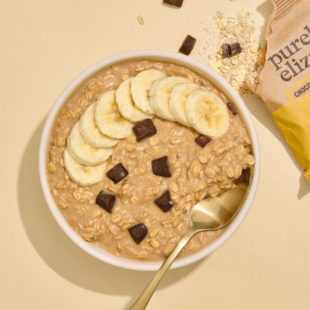 Banana bread flavor with real banana pieces and dark chocolate chunks in Purely Elizabeth oats.