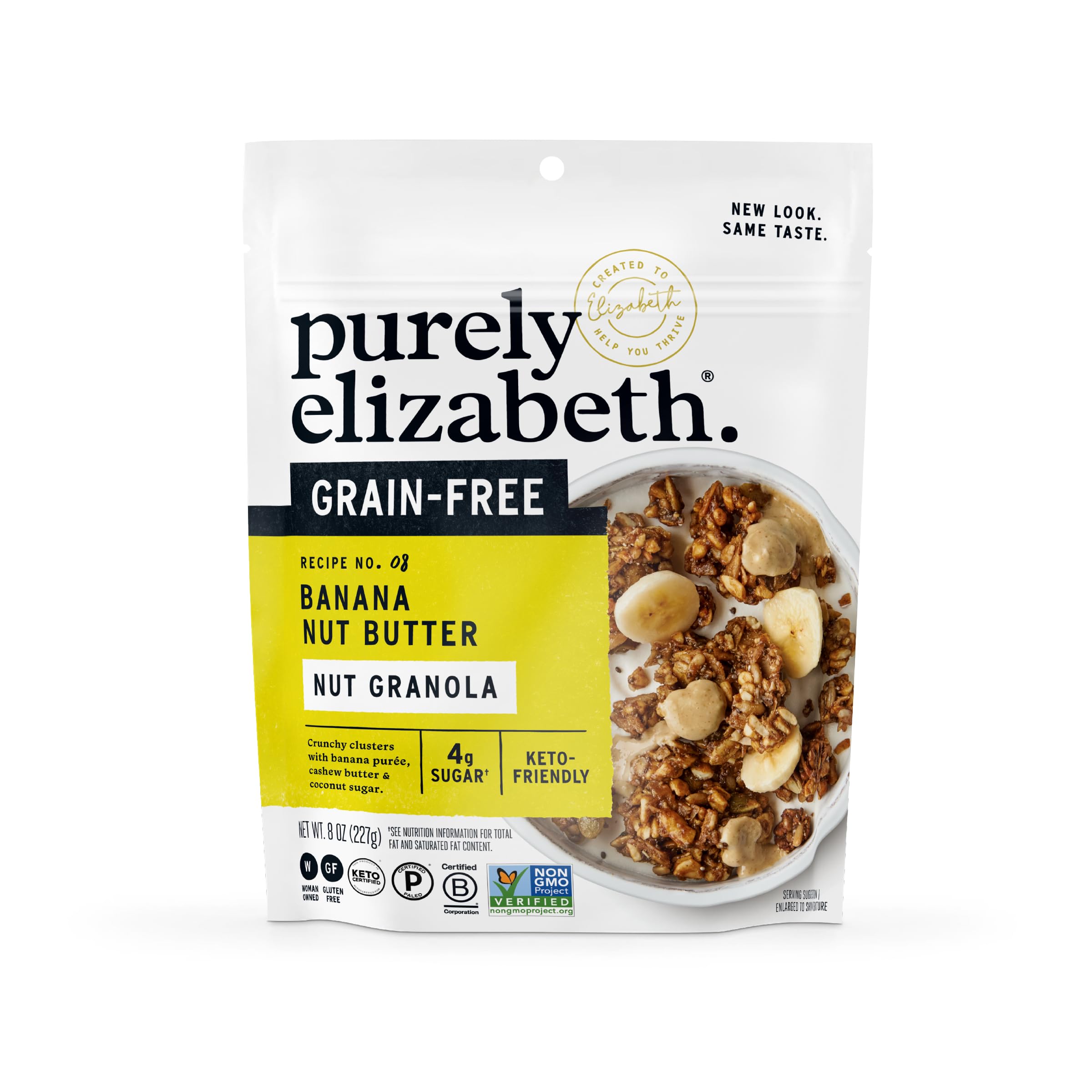 Purely Elizabeth banana granola packaging highlighting gluten-free and non-GMO promise.