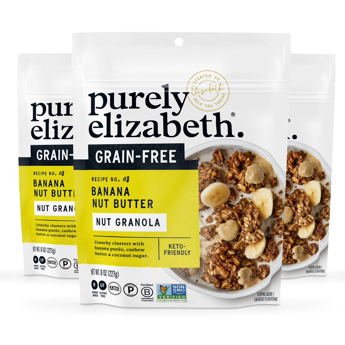 Purely Elizabeth Banana Nut Butter Grain-Free Granola trio in 8oz bags, convenient for quick meals.