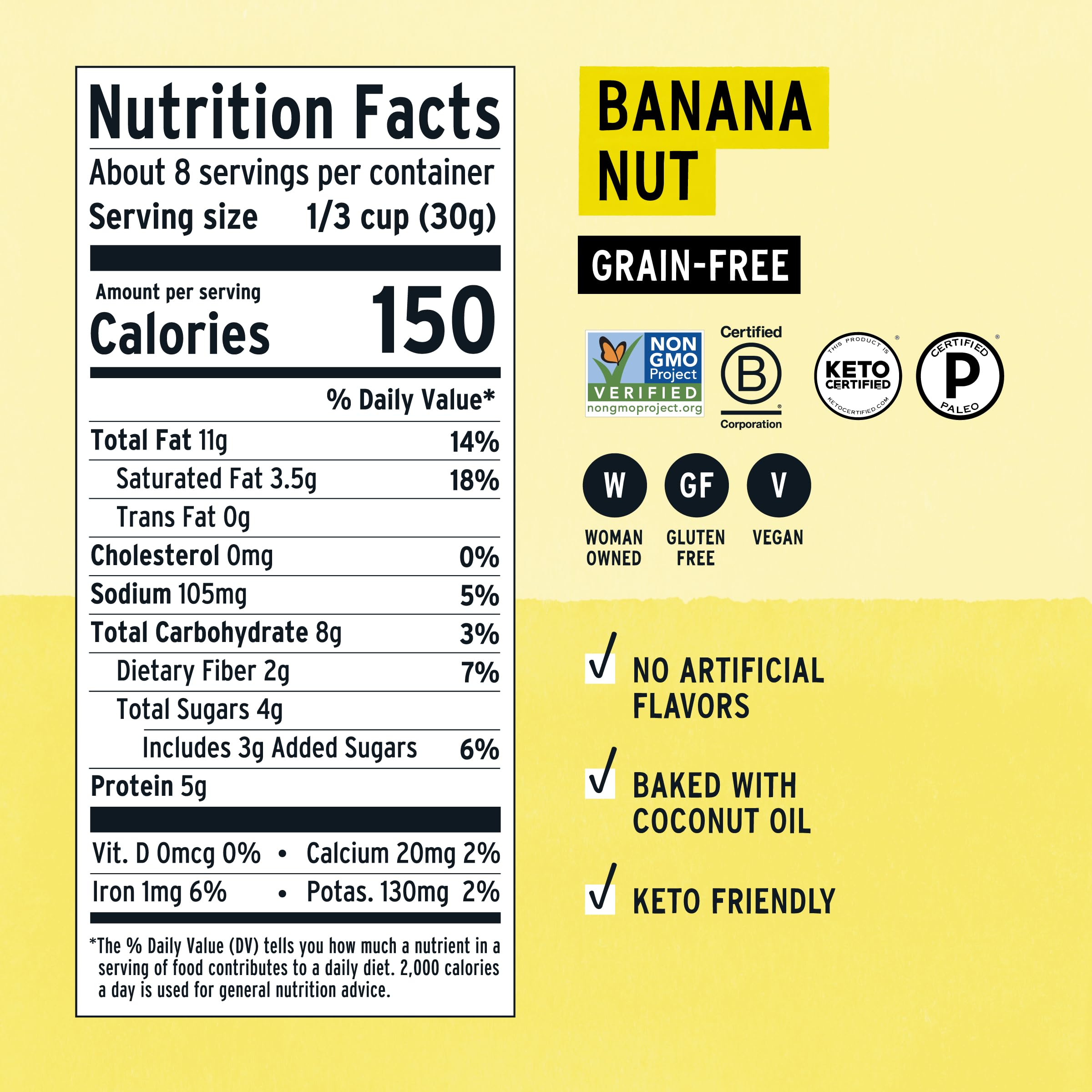 Purely Elizabeth banana nut butter grain-free granola close-up showing crunchy clusters.