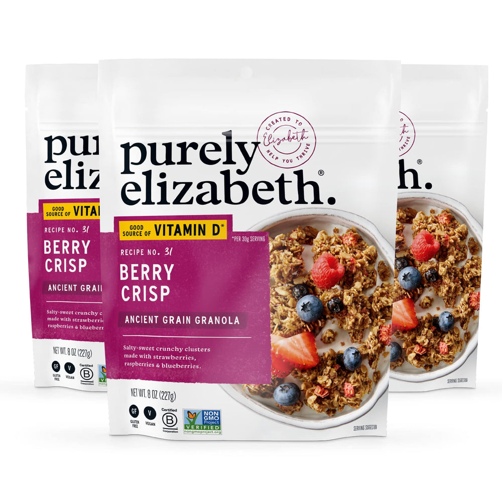 Purely Elizabeth Berry Crisp Granola bag with berry clusters, gluten-free vegan crunch.