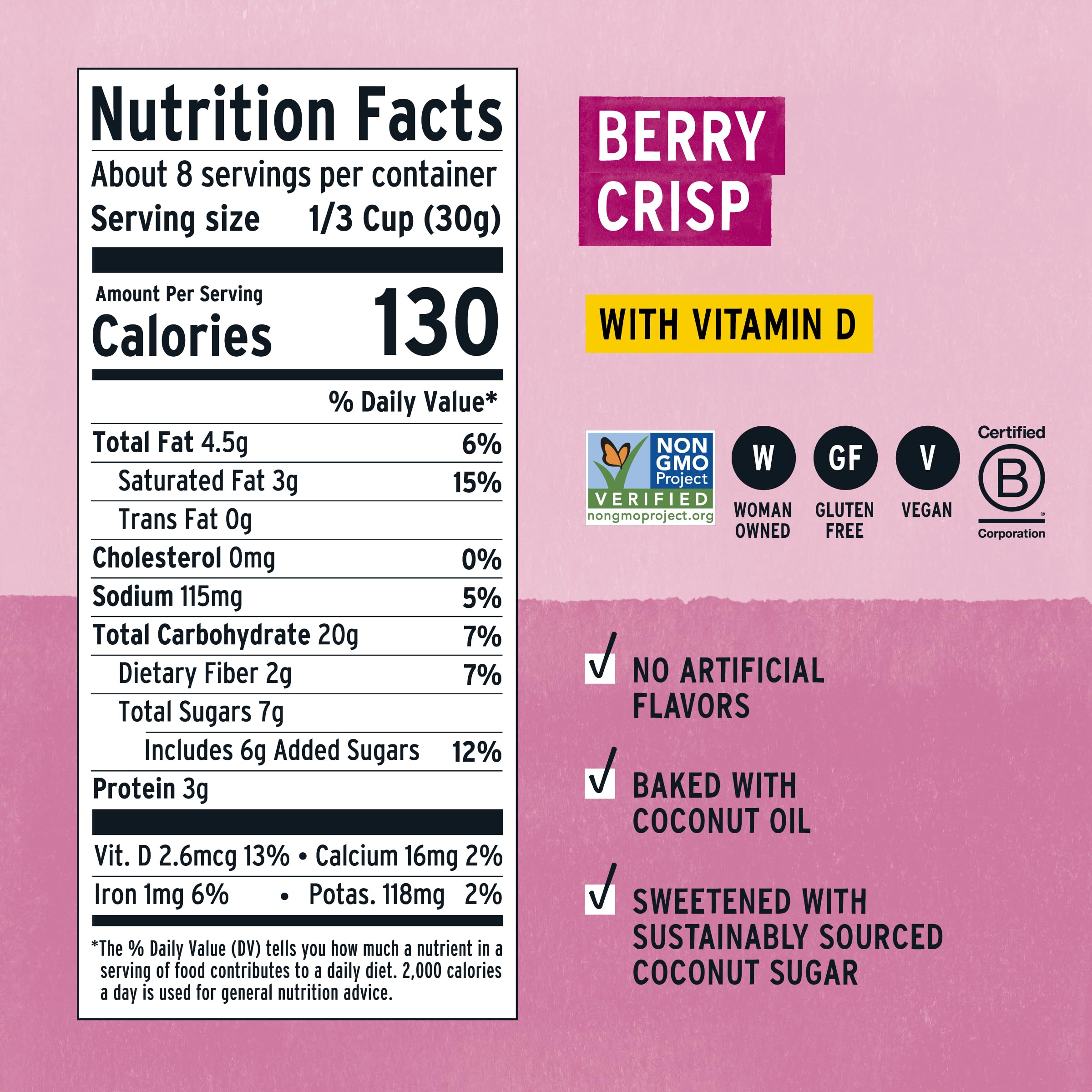 Purely Elizabeth Berry Crisp Granola close-up with oats and berries for wholesome snacking.
