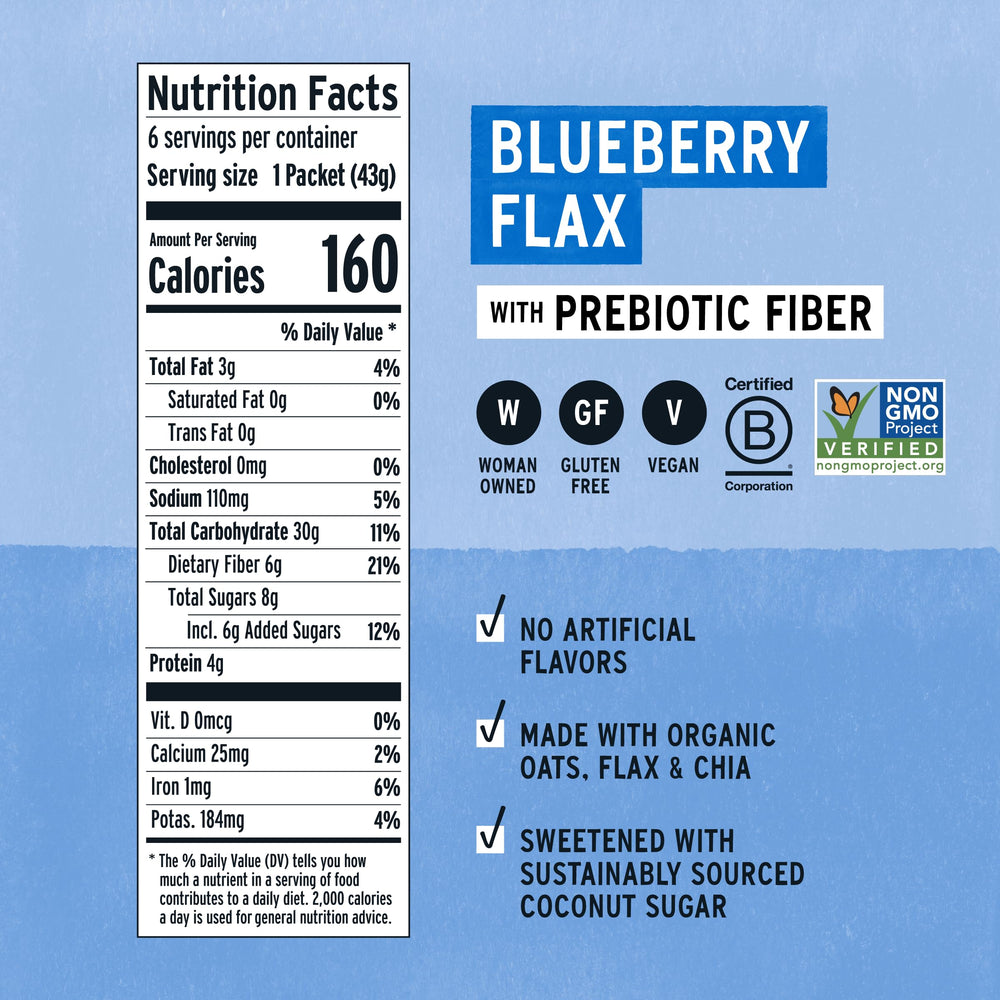 A warm bowl of Purely Elizabeth Blueberry Flax Oatmeal ready for a fiber-rich breakfast.