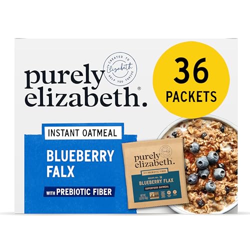 Purely Elizabeth Blueberry Flax Oatmeal packaging highlights gluten-free and non-GMO attributes.