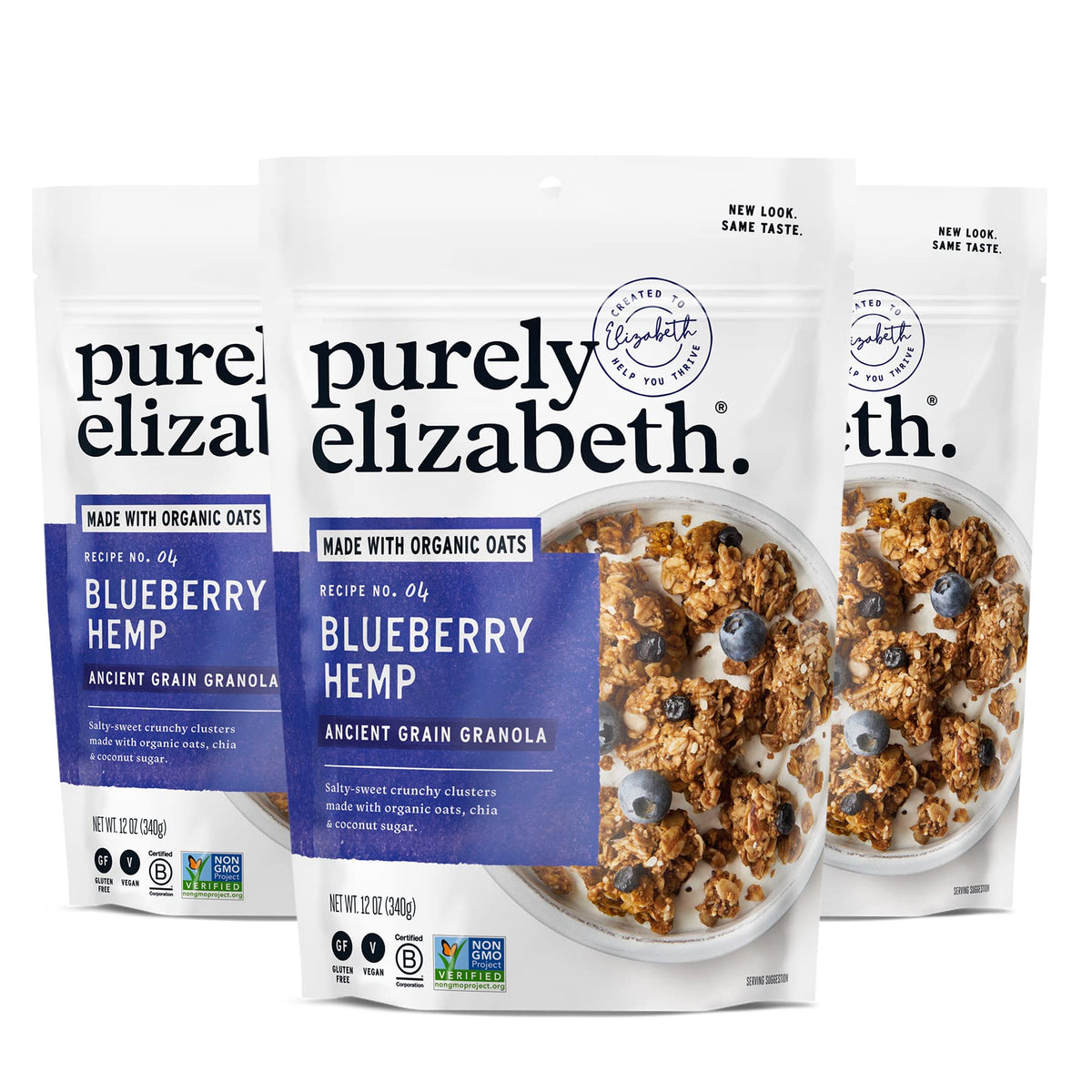 Purely Elizabeth blueberry hemp ancient grain granola bag for gluten-free snacking
