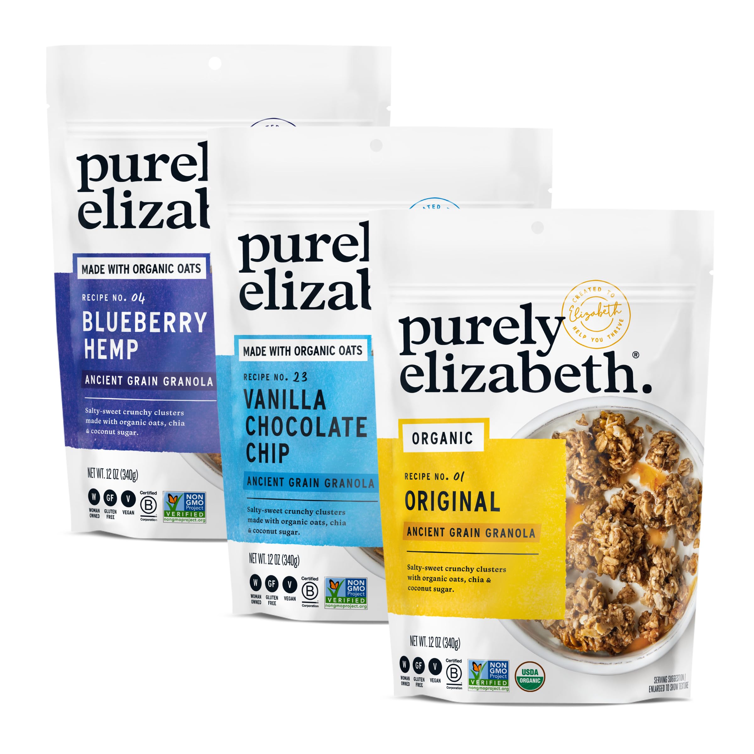 Purely Elizabeth Blueberry Hemp bag, gluten-free and fiber-rich granola for on-the-go.