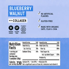 Ingredient close-up showing oats, blueberries, walnuts, and collagen in Purely Elizabeth Oat Cup