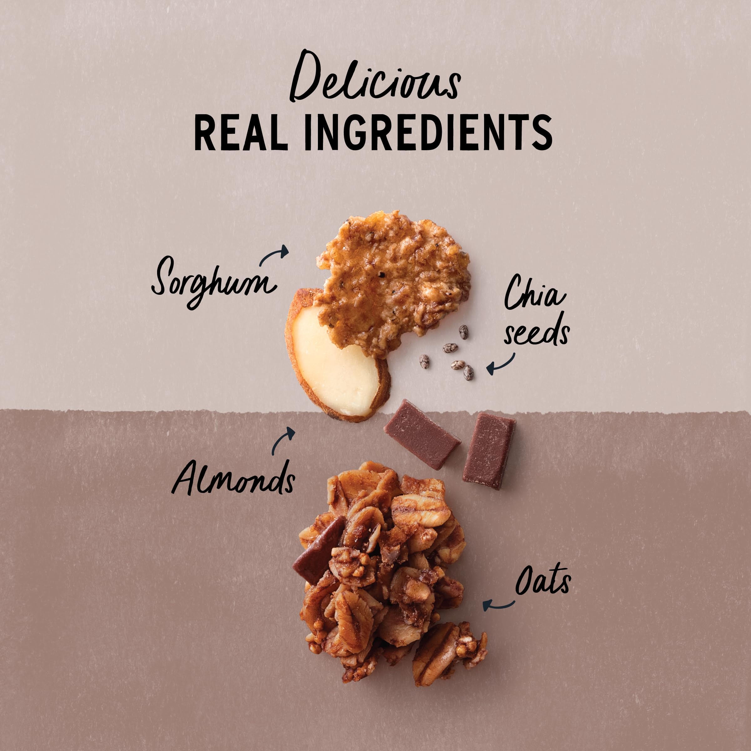Purely Elizabeth Cereal Chocolate Almond ingredients close-up featuring oats and almonds.