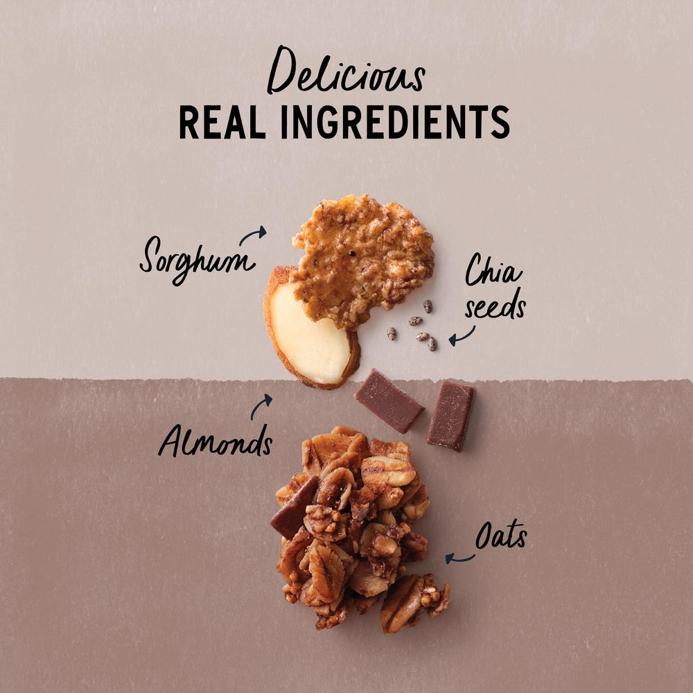 Purely Elizabeth Cereal Chocolate Almond ingredients close-up featuring oats and almonds.