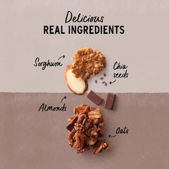 Purely Elizabeth Cereal Chocolate Almond ingredients close-up featuring oats and almonds.