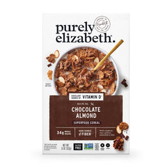 Purely Elizabeth Cereal Chocolate Almond packaging highlights premium ingredients for a delicious pantry staple.