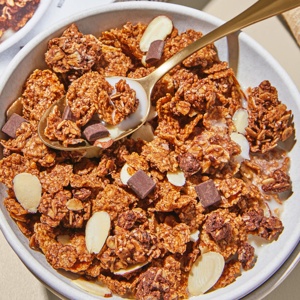 Purely Elizabeth Cereal Chocolate Almond serving suggestions with yogurt or milk for breakfast.
