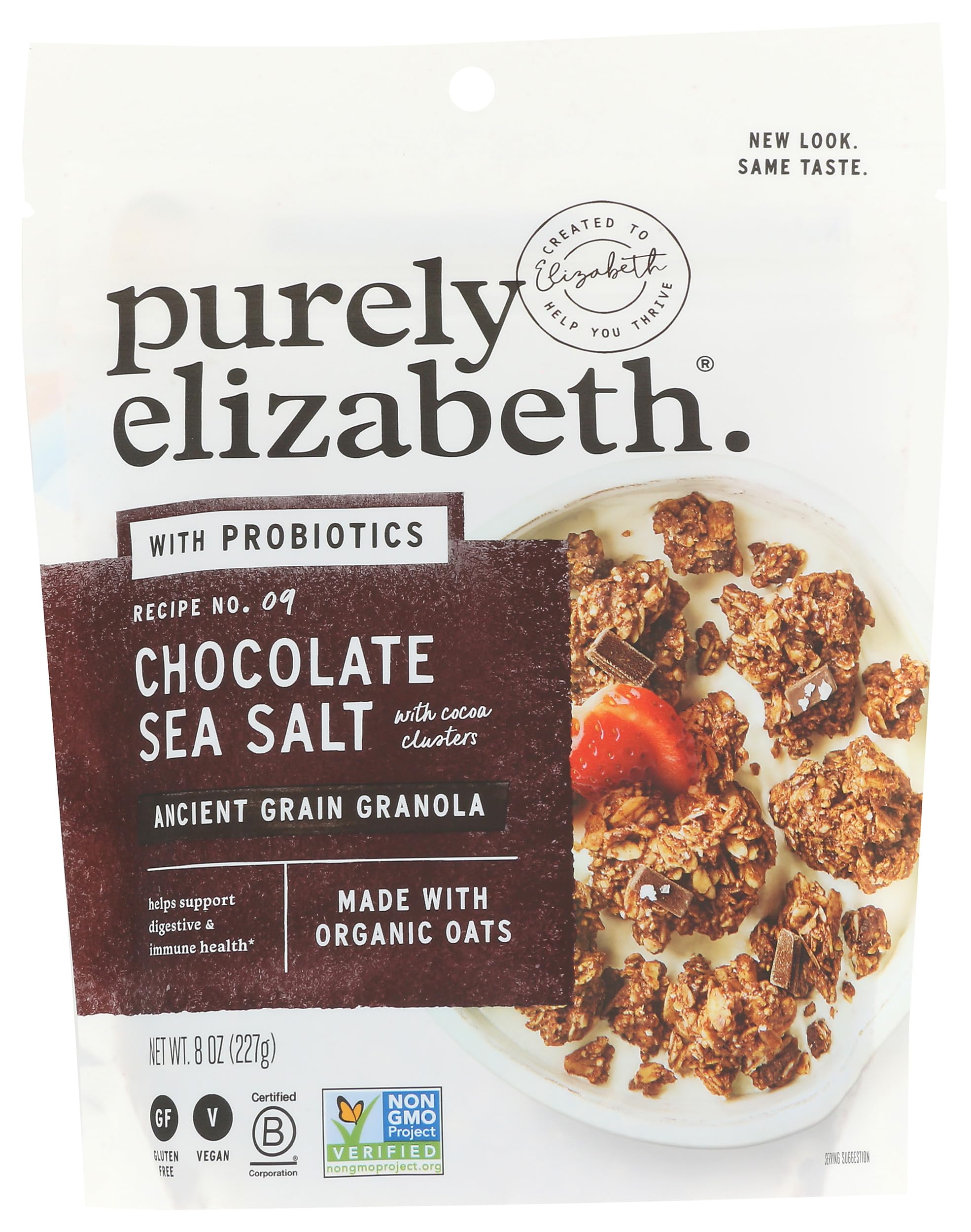 Purely Elizabeth cereal granola chocolate bag displaying crunchy texture for a wholesome breakfast