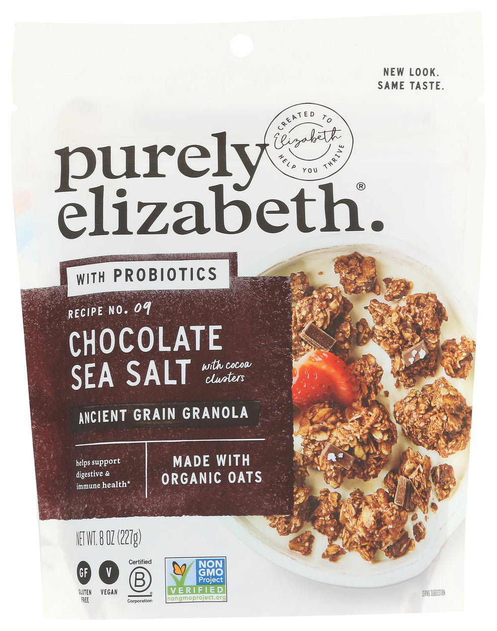 Purely Elizabeth cereal granola chocolate bag displaying crunchy texture for a wholesome breakfast